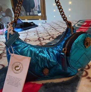 Kurt Geiger Metallic Teal Quilted Shoulder Bag with Coin Pouch